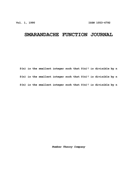 SMARANDACHE FUNCTION JOURNAL, Vol. 1, 19... by Muller, R.